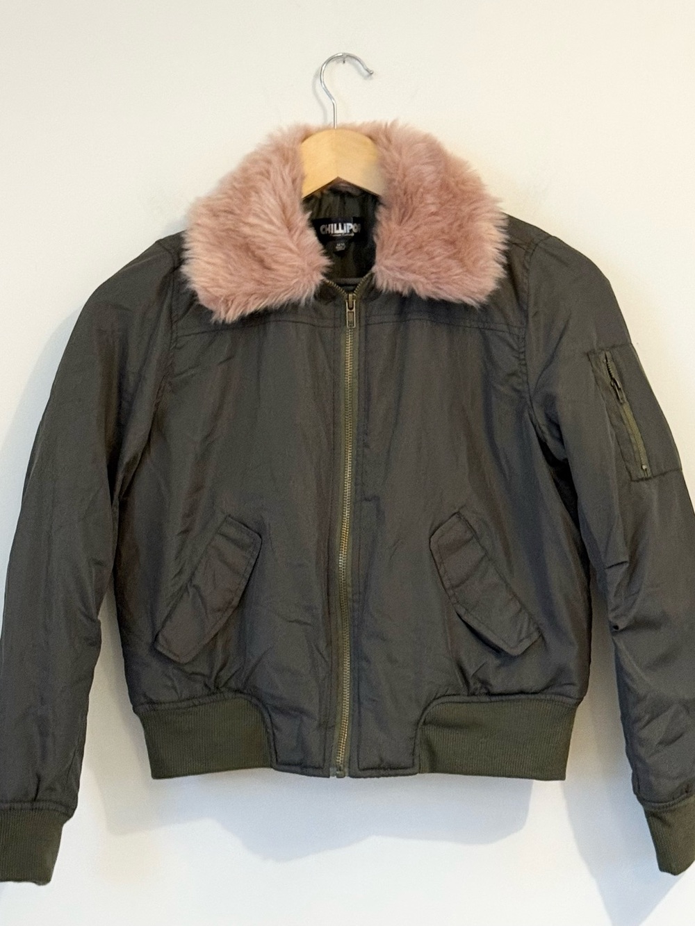 Girls Y2K Bomber Cropped Aviator Jacket Olive Green